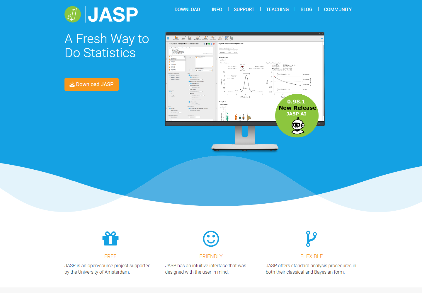 JASP 官网首页，展示统计分析与论文结果产品的公开介绍。