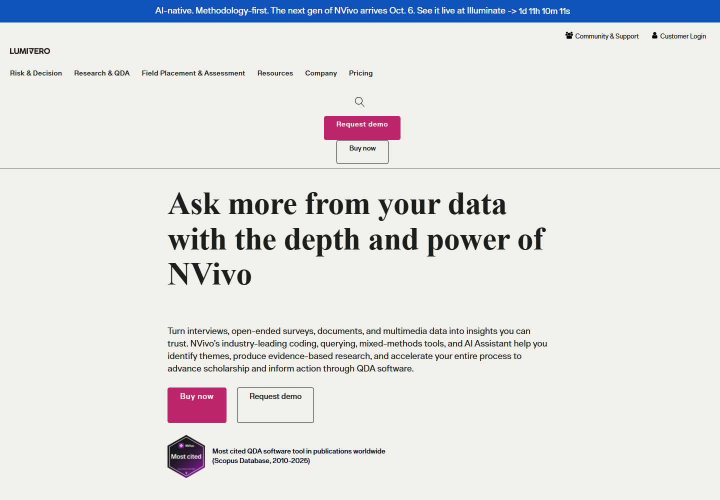 NVivo 官网首页，展示质性研究分析产品的公开介绍。